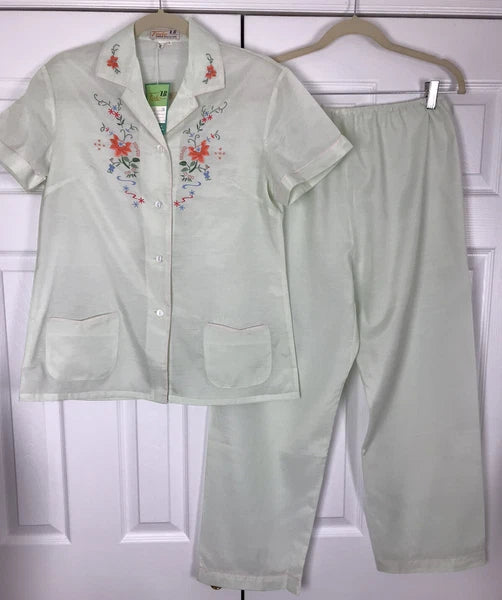 NWT FEDO ASIAN EMBROIDERED S/S PAJAMA SET/LOUNGE WEAR GREEN SIZE L
