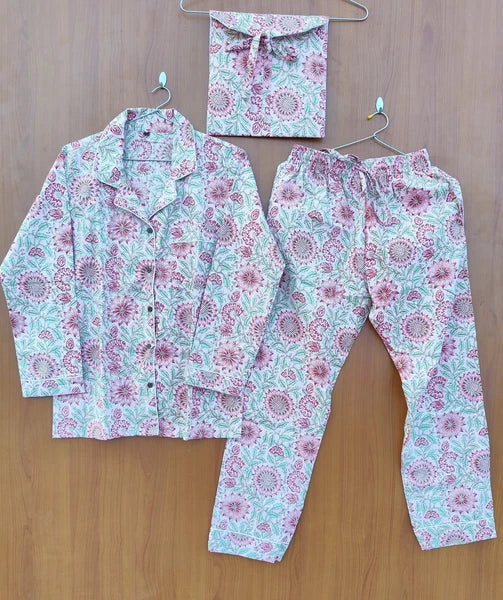 100% pure cotton hand block printed night suit, perfect for summer while sipping