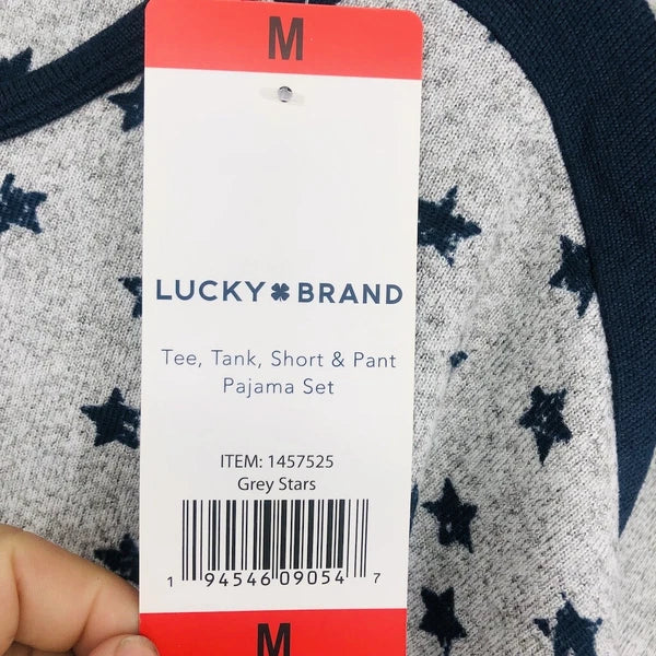 Lucky Brand 4 Piece Women Gray Star Polyester Nightwear Pajama Set Medium Soft