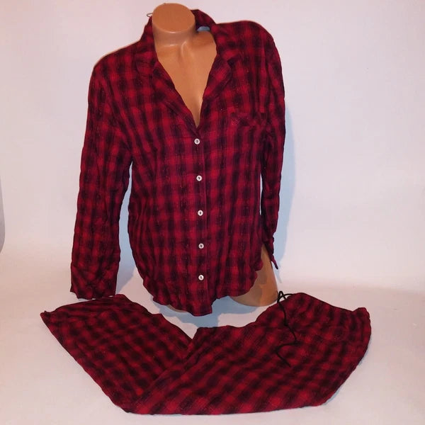 Victoria Secret Pajama Set Large Top & Bottom Red Black Plaid Button Up New